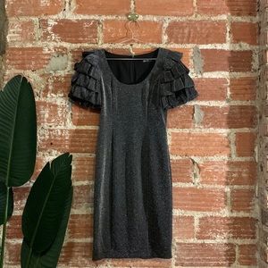 Badgley Mischka Black Midi Dress with Silver Sparkles and Statement Sleeves